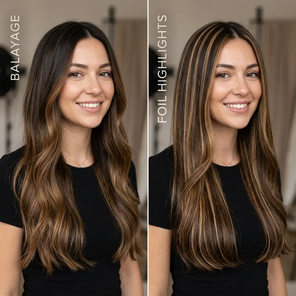 balayage vs. foil highlights on dark brown hair the technique changes everything