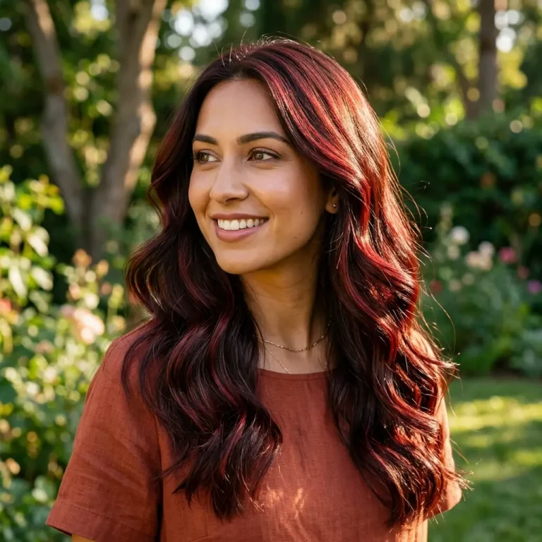 dark brown hair with red highlights