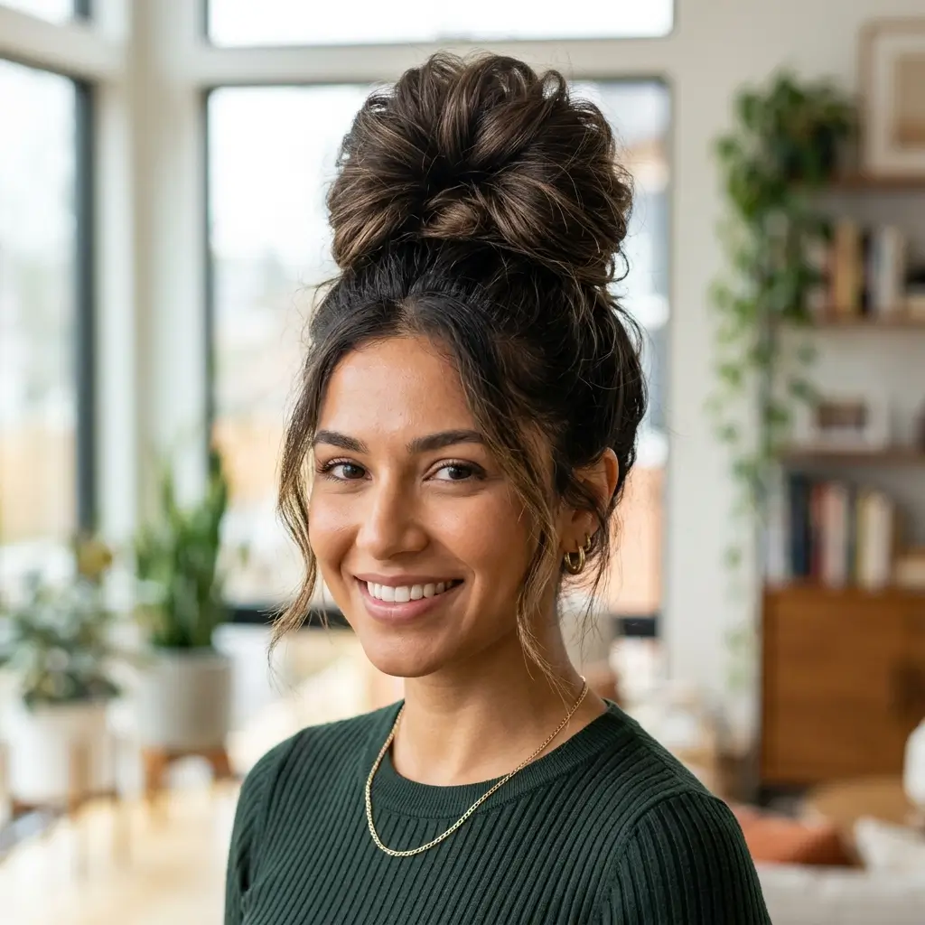 1. High Bun with Volume (Lift and Lengthen)