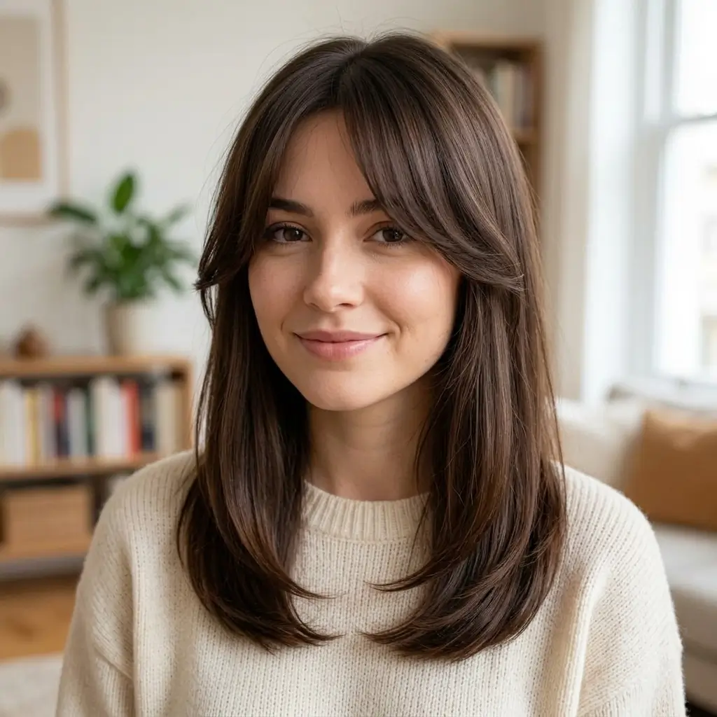 11. Straight Hair with Curtain Bangs (Soft Frame)