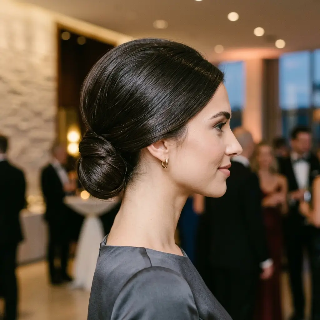 12. Sleek Low Bun with Volume Top (Balanced Elegance)