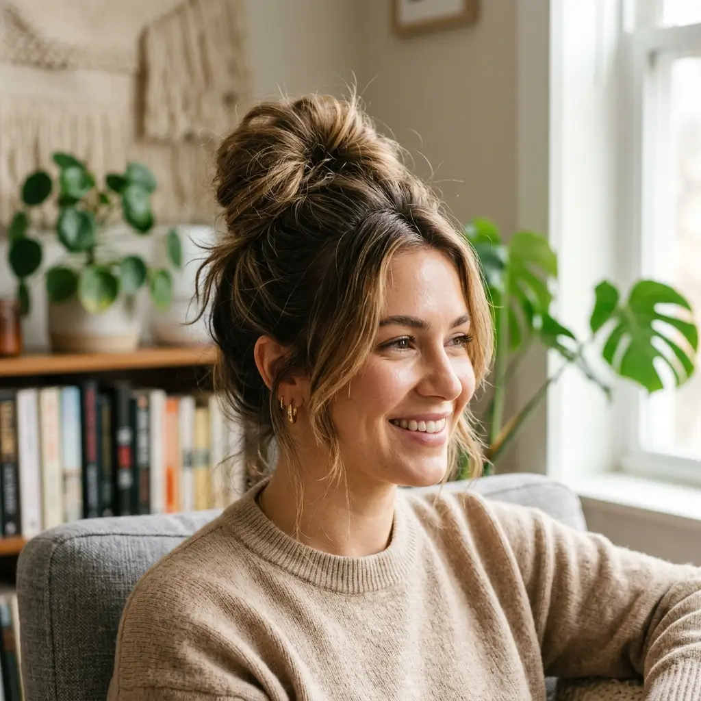 13. Messy Bun with Crown Volume (Relaxed and Flattering)