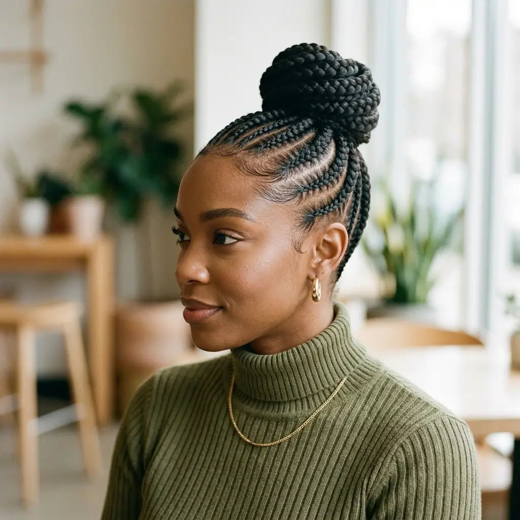 14. Cornrows with Bun (Structured and Stylish)