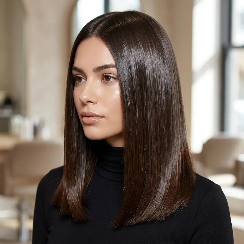 14. Straight Hair with Deep Shine Finish (Glossy Perfection)