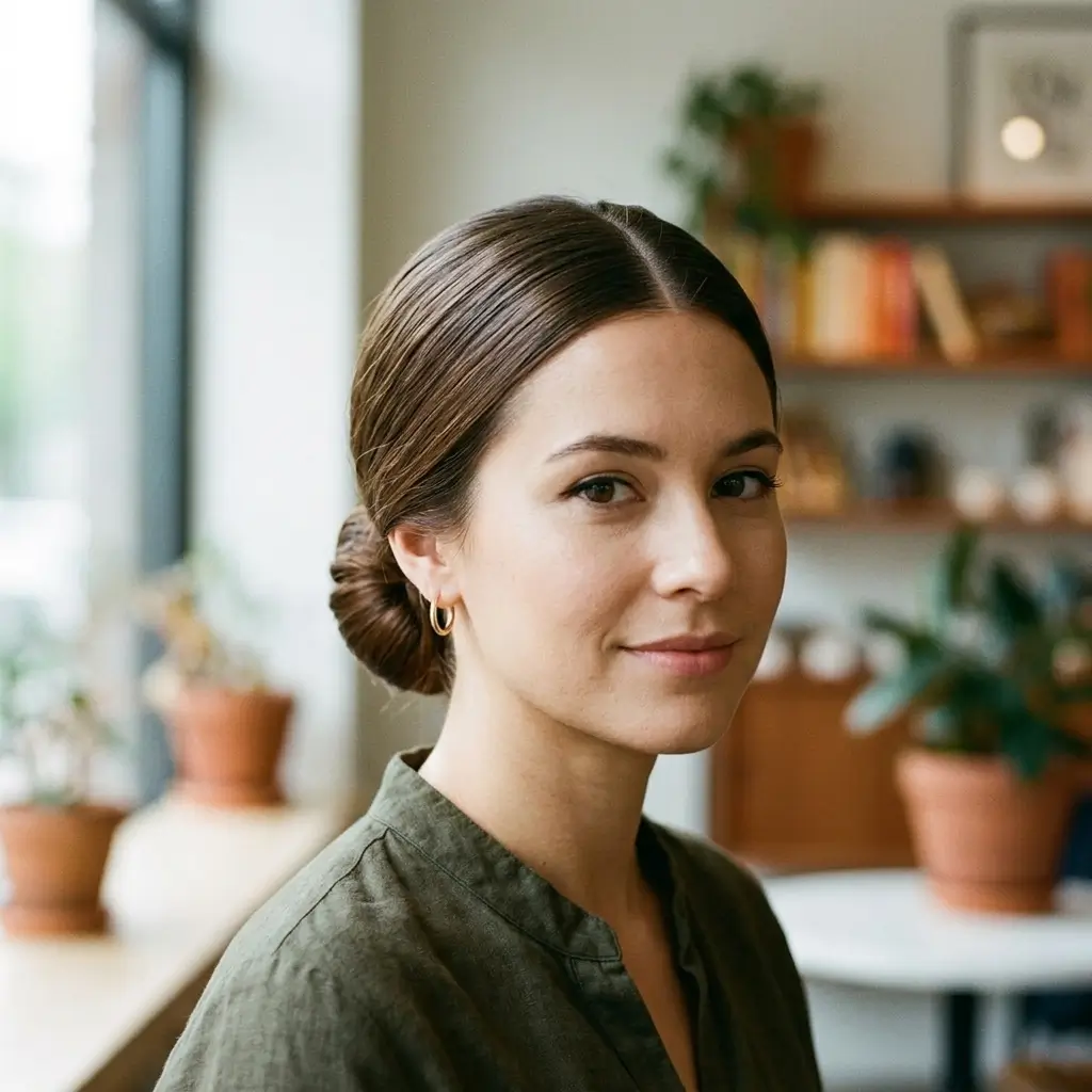 15. Low Bun with Middle Part (Symmetrical Elegance)