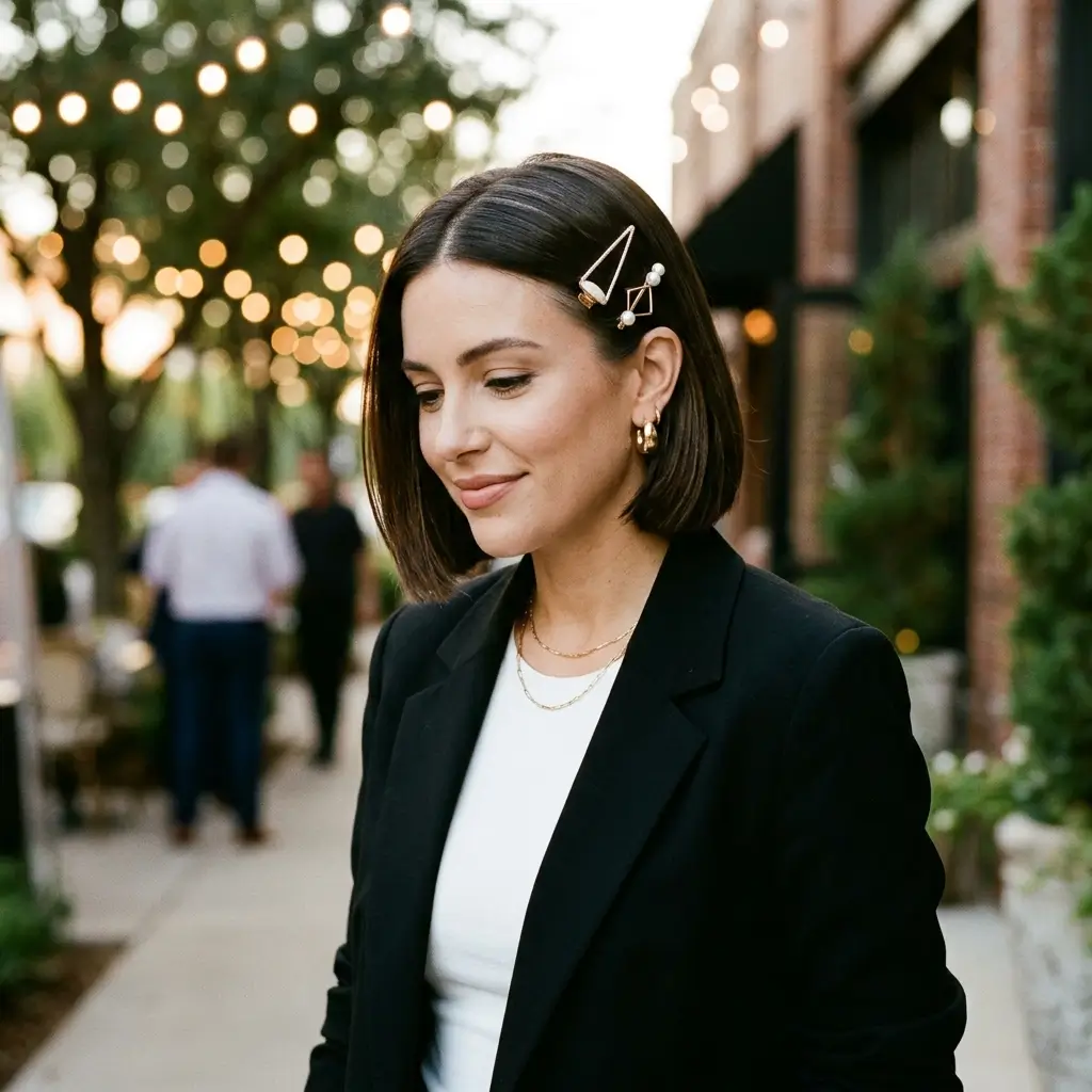 5. Sleek Short Hair with Accessories (Simple Glam)