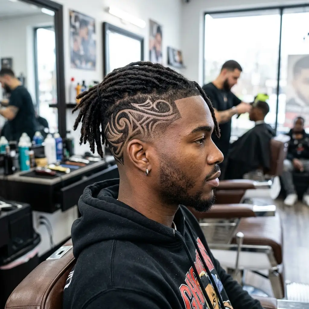 7. Dreads with Design Fade (Creative and Unique)