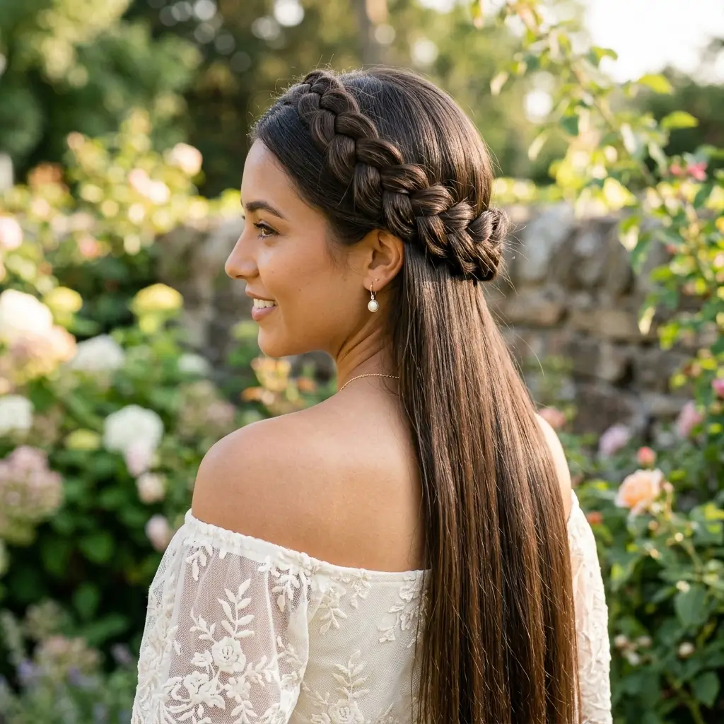 9. Braided Crown with Straight Length (Detailed and Elegant)