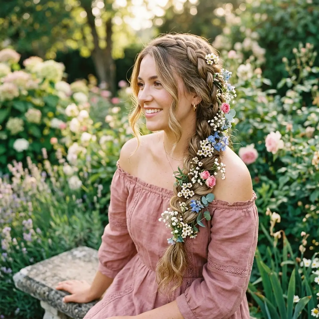 Side Braid With Flowers